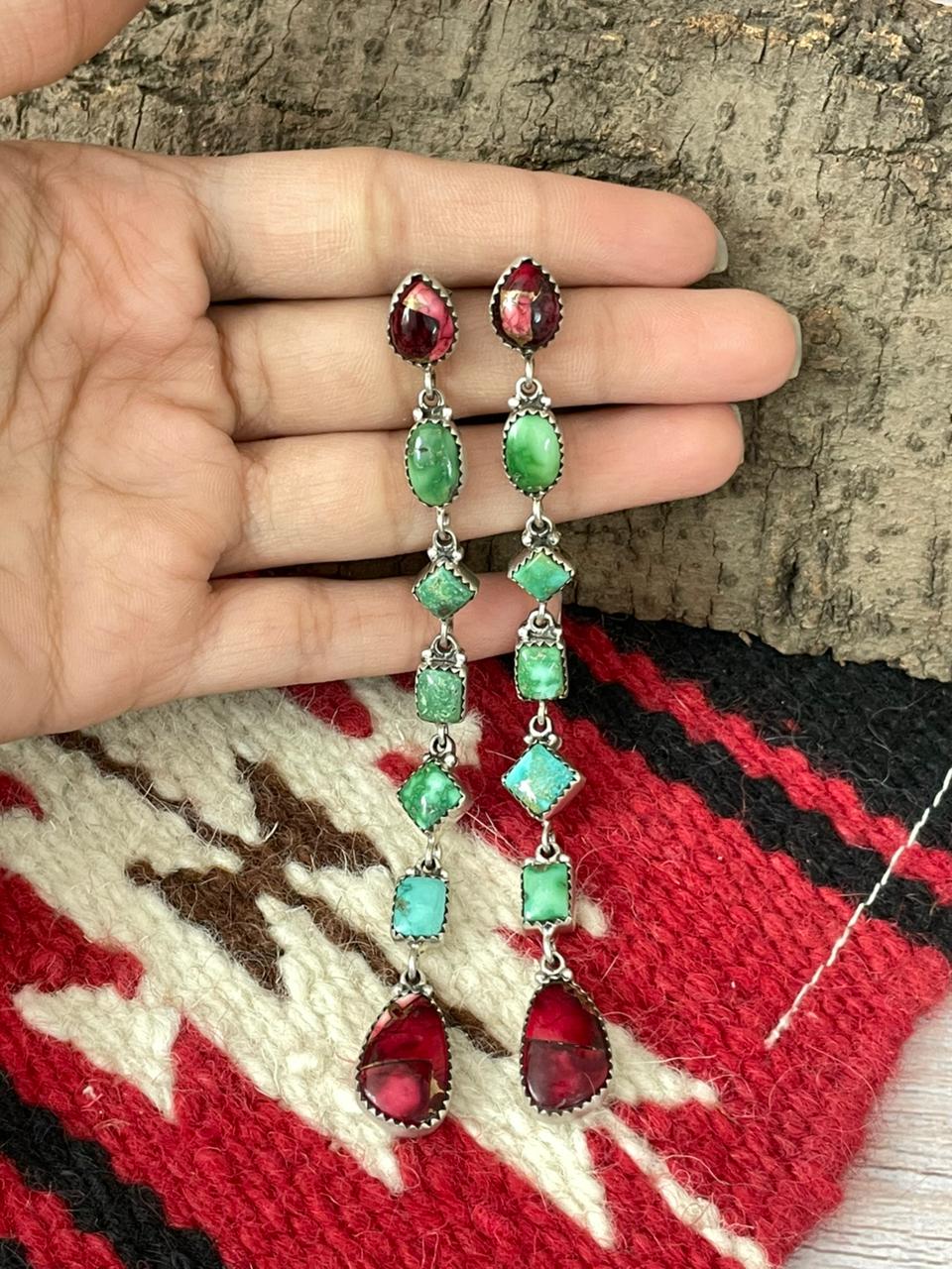 Handmade Sterling Silver Dahlia Rose with Emerald Valley Turquoise Post Earrings "Signed Nizhoni"