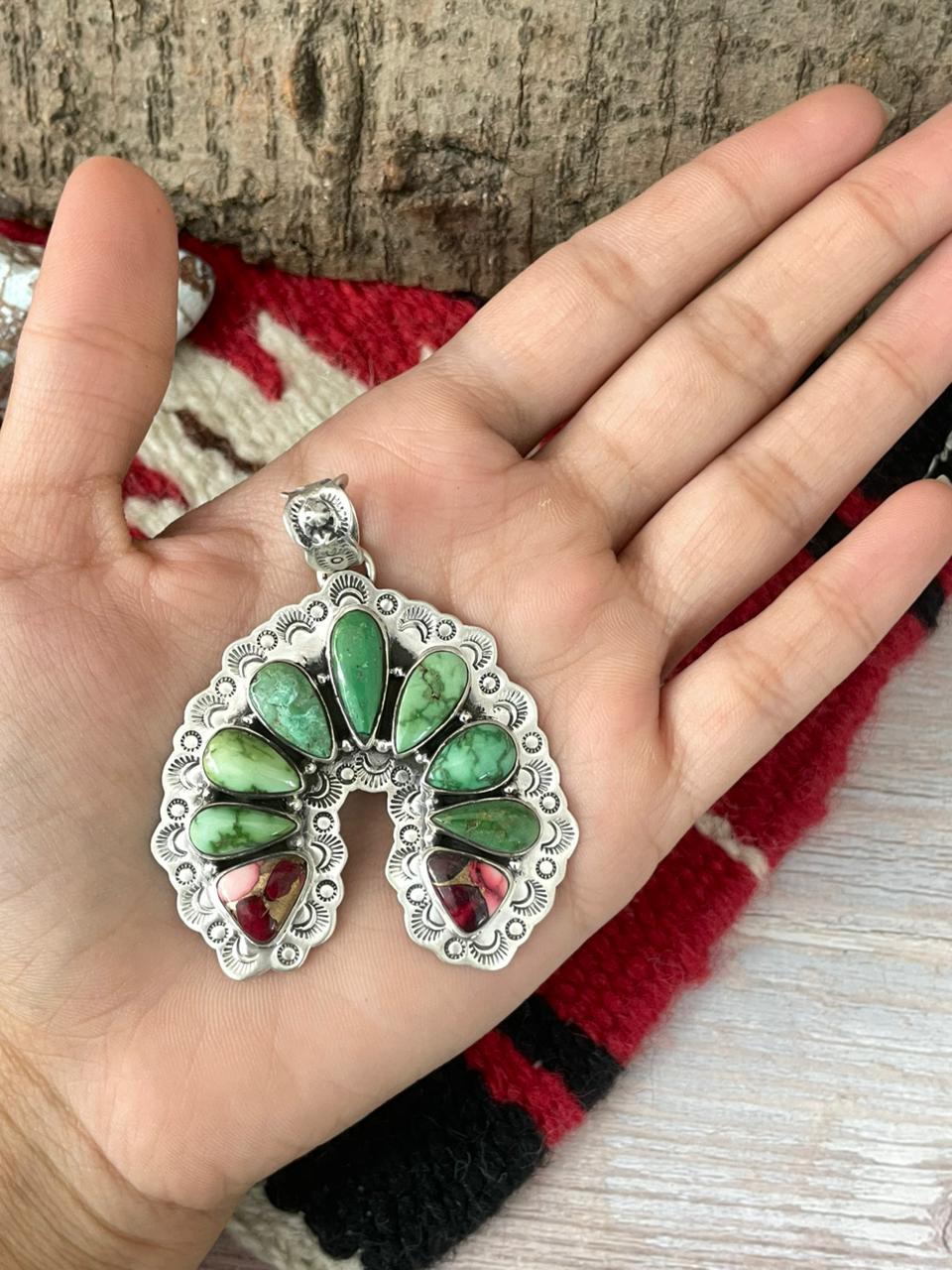 Handmade Sterling Silver Dahlia Rose with Emerald Valley Turquoise Pendant "Signed Nizhoni"