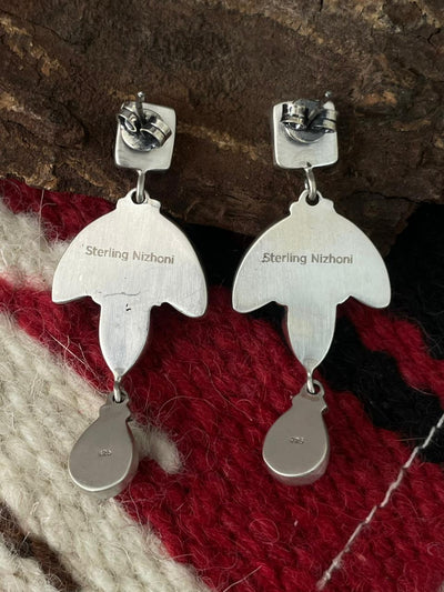 Handmade Sterling Silver Dahlia Rose with Emerald Valley Turquoise Post Earrings "Signed Nizhoni"