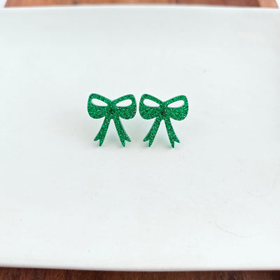 Bow Studs - Green Glitter