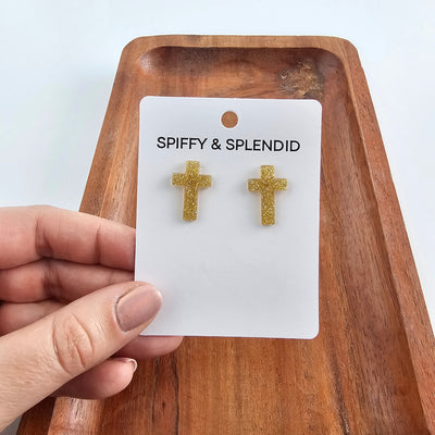 Cross Studs - Gold Glitter