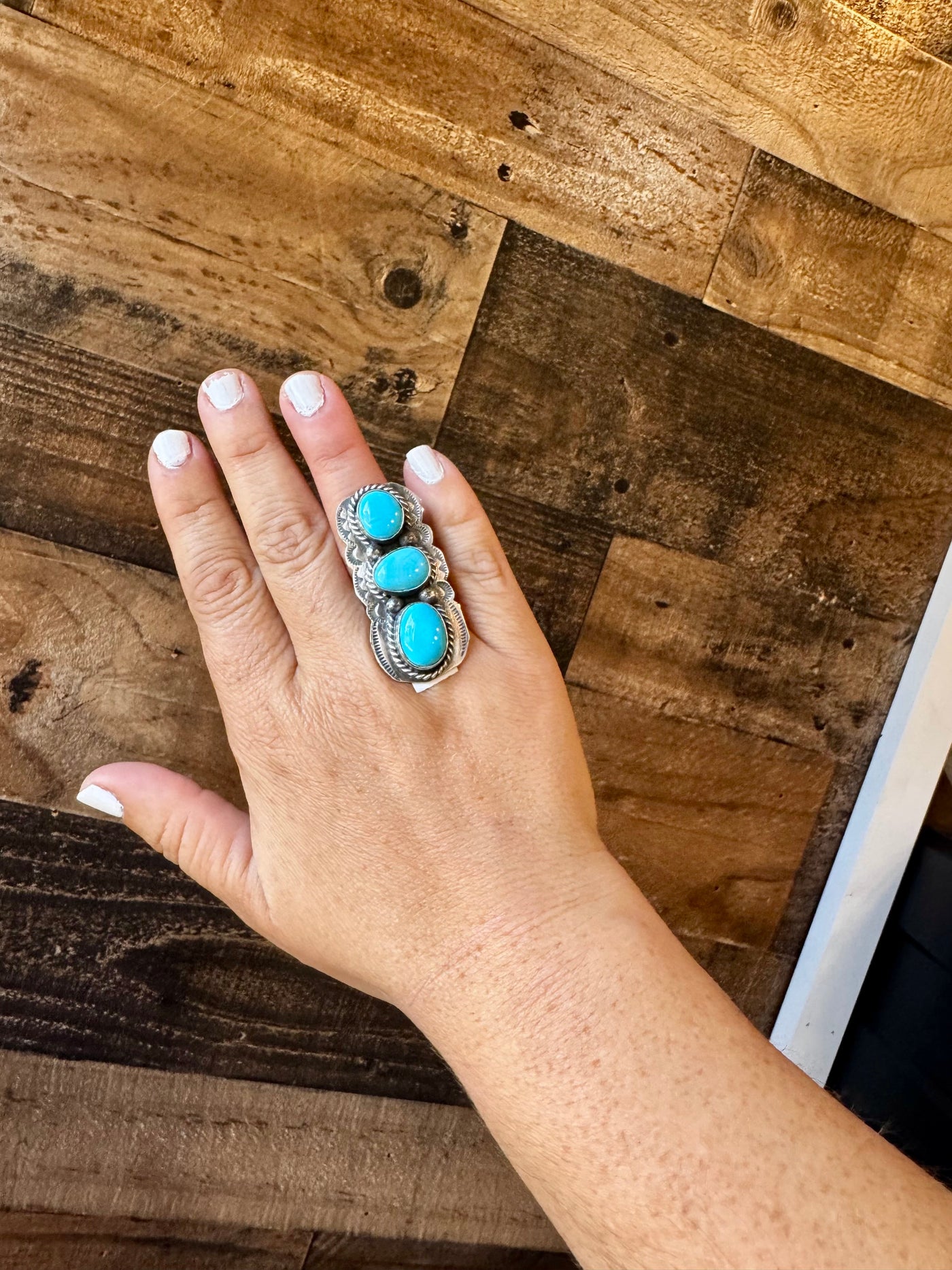 Long Ring- adjustable- 3 stone turquoise ring and sterling silver