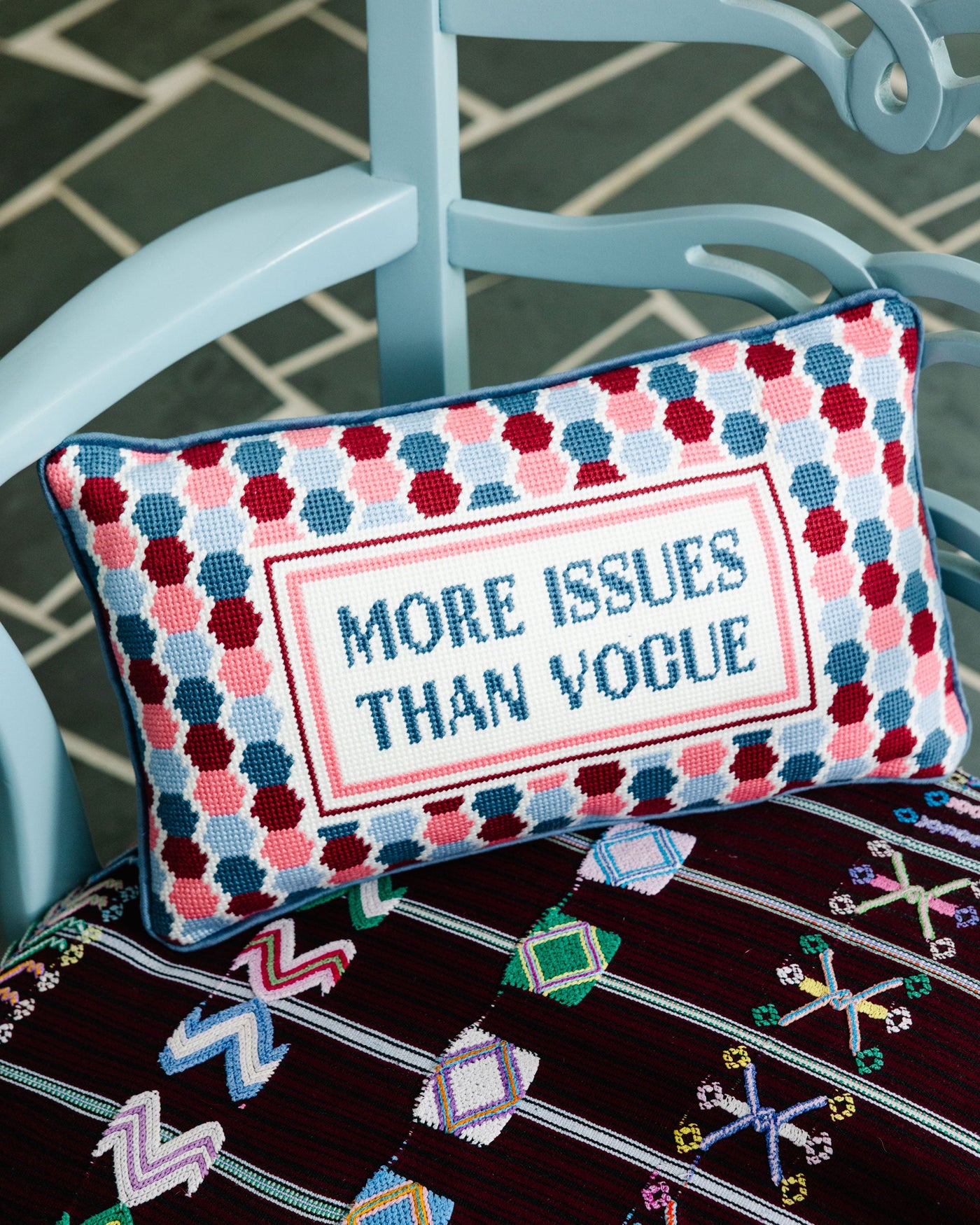 More Issues Needlepoint Pillow