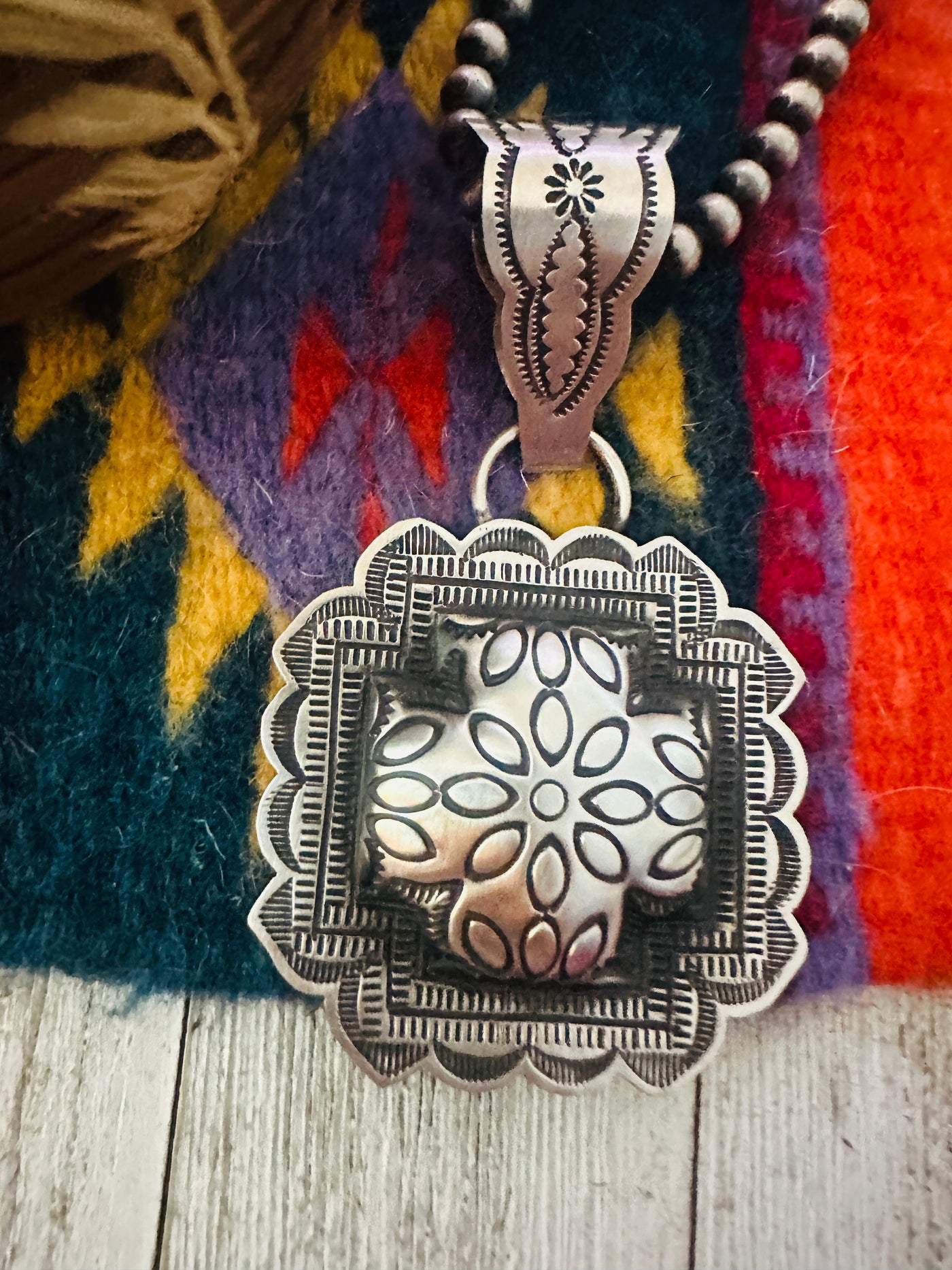 Handcrafted Sterling Silver Cross Concho Pendant by Leander Tahe