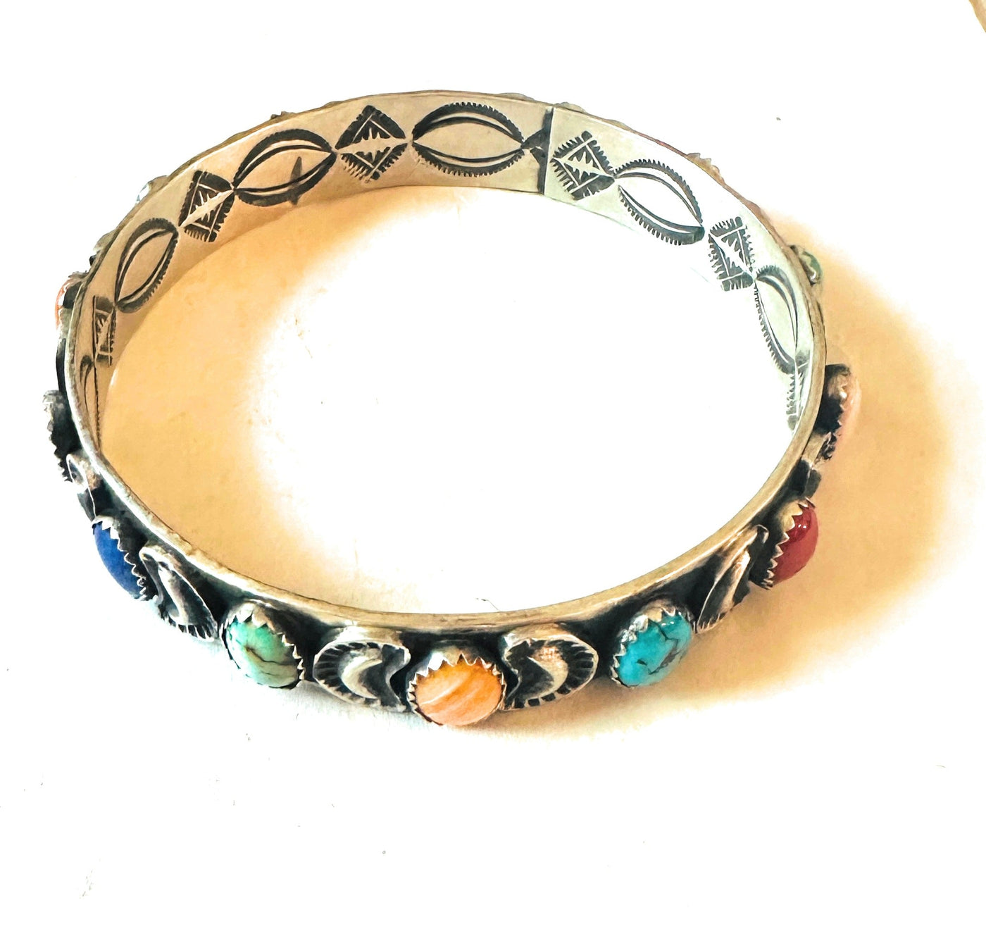 Navajo Multi Stone & Sterling Silver Bangle Bracelet Signed Leroy James