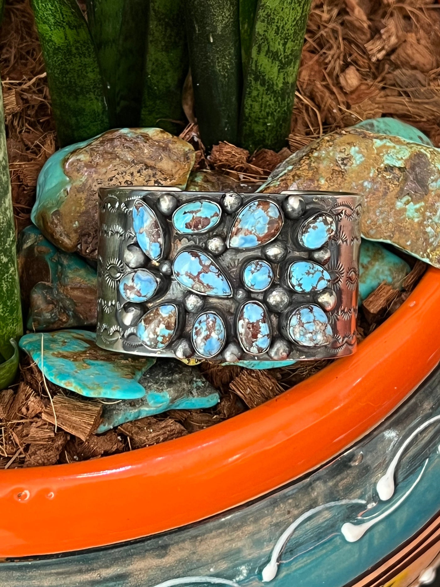 Handcrafted Stamped Sterling Silver and Golden Hills Turquoise Cuff Bracelet by Jennifer Garcia for Chimney Butte /