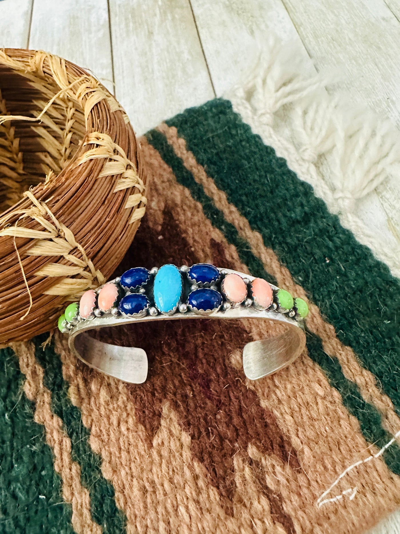 Handcrafted Old Pawn Multi Stone & Sterling Silver Cuff Bracelet by Daniel Mike