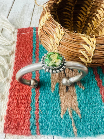 Handcrafted Sonoran Gold Turquoise & Sterling Silver Cuff Bracelet by Russell Sam