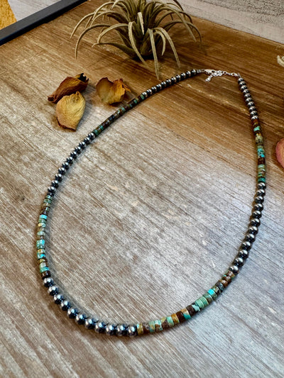 Sterling Silver Pearl & Green Heishi Turquoise Necklace – 19"
