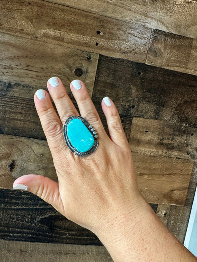 Big oval Ring- size 10- Kingman turquoise ring and sterling silver