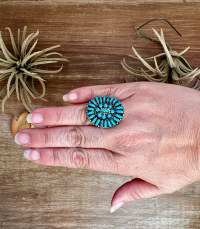 Kingman Turquoise Cluster Ring – Size 9.5 – Native Made Sterling Silver