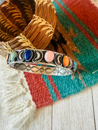 Navajo Multi Stone & Sterling Silver Bangle Bracelet Signed Leroy James