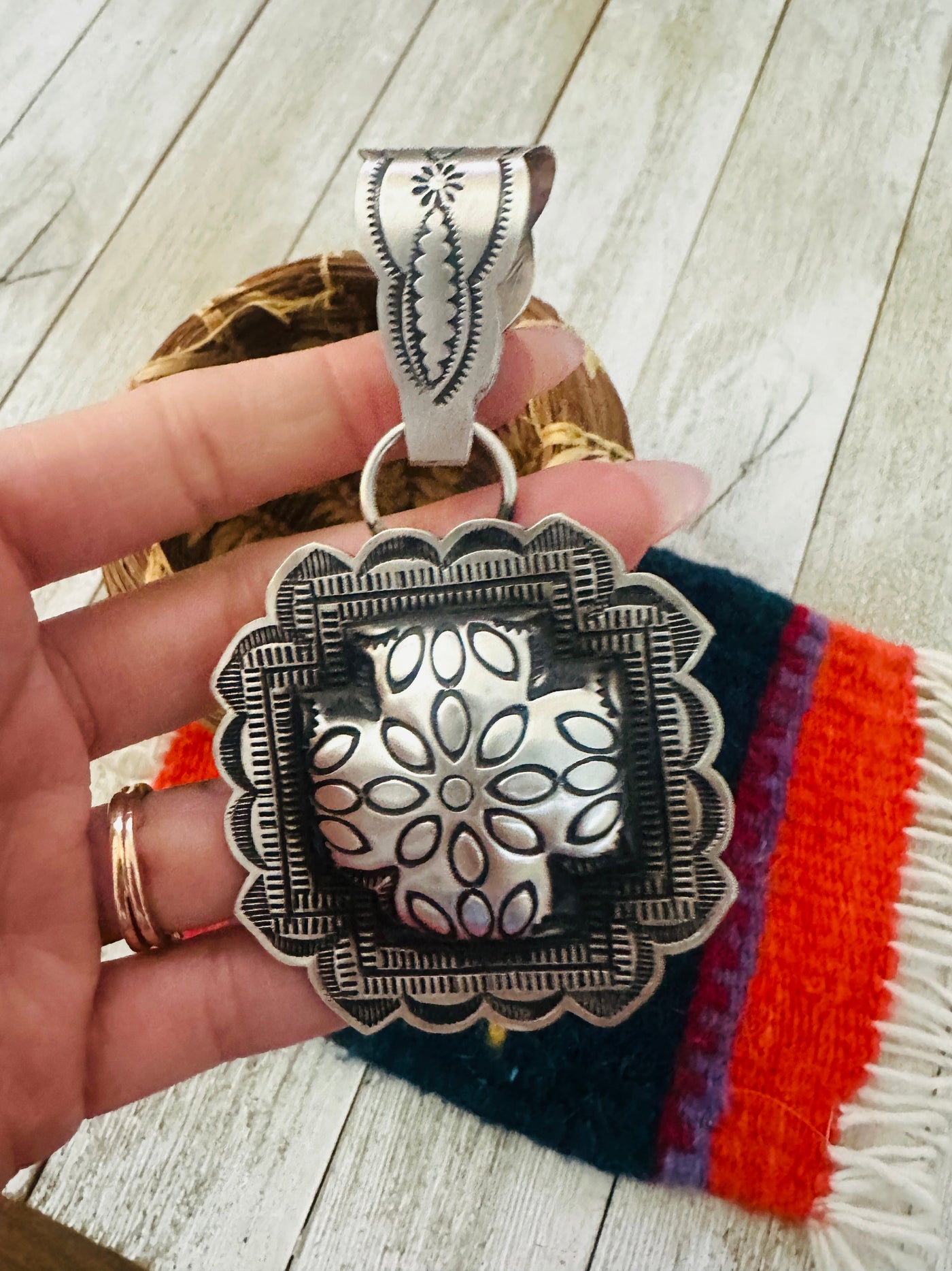 Handcrafted Sterling Silver Cross Concho Pendant by Leander Tahe