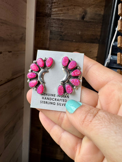 Half Cluster Earrings – Bright Pink Opal & Sterling Silver