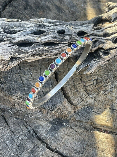 Handcrafted Multi Stone Rainbow Sterling Silver Bangle Signed