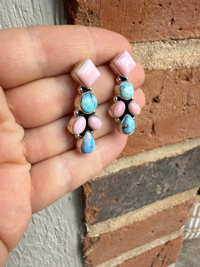 Handmade Natural Golden Hills Turquoise, Pink Conch and Sterling Silver Earring style 3