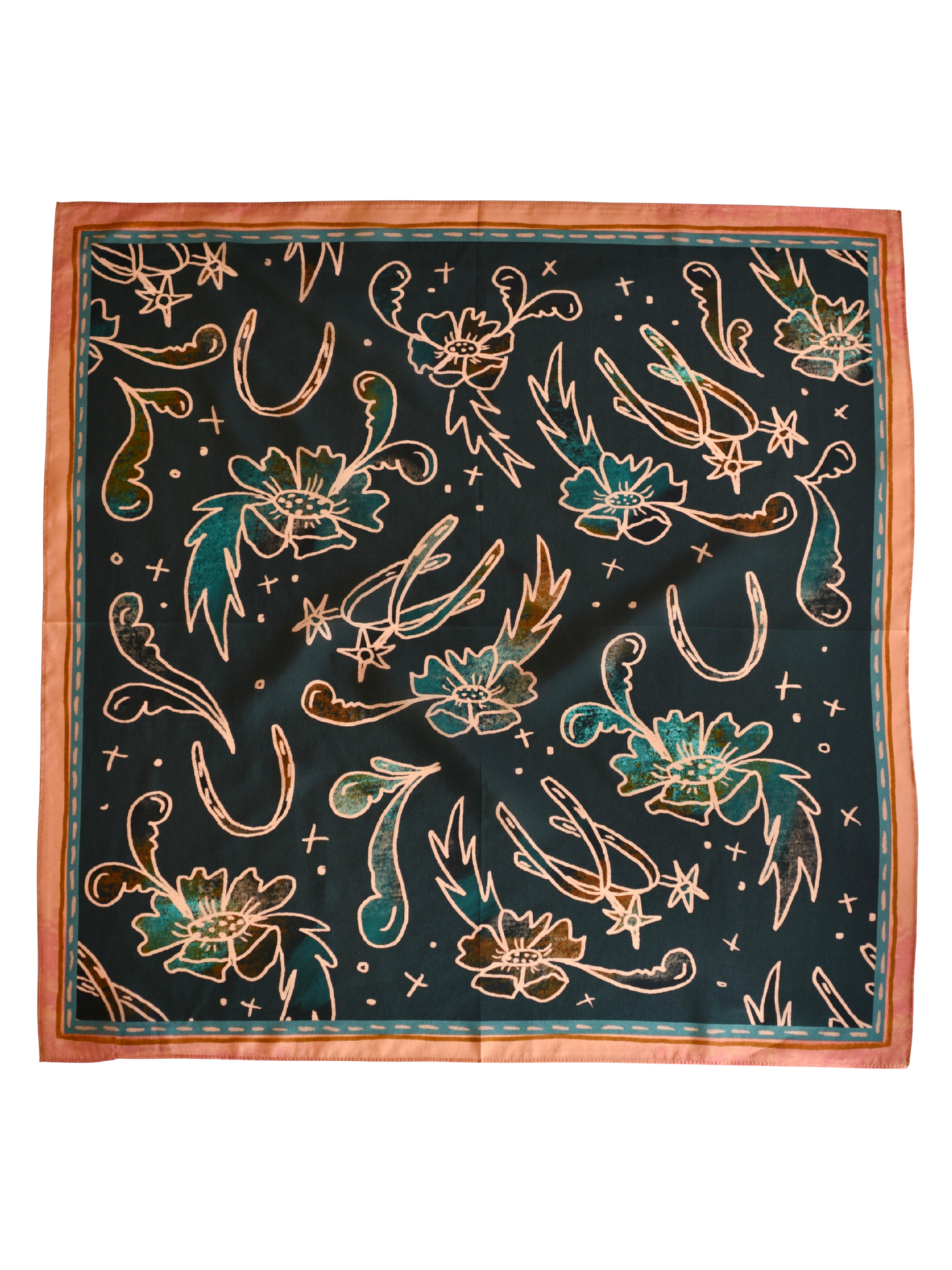 Western Silk Wild Rag Spurs and Floral Turquoise and Peach Scarf