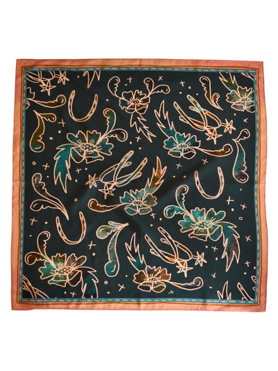 Western Silk Wild Rag Spurs and Floral Turquoise and Peach Scarf