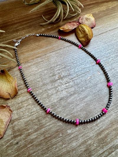 Pink Opal & Sterling Silver Pearl Necklace – 15"