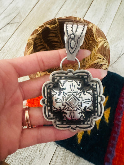 Handcrafted Sterling Silver Cross Concho Pendant by Leander Tahe