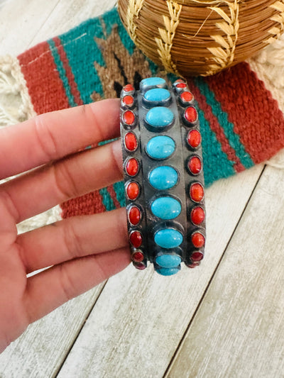Handcrafted Turquoise, Coral & Sterling Silver Cuff Bracelet