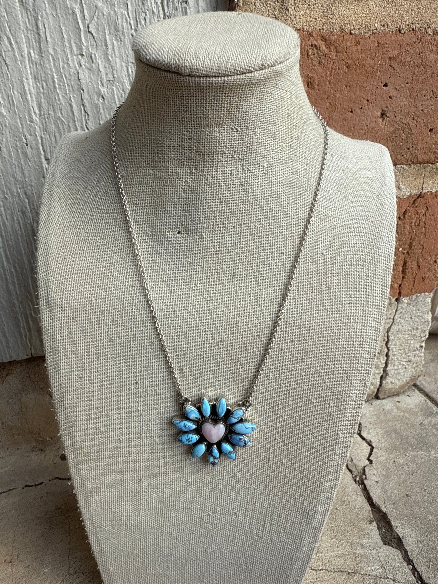 Handmade Sterling Silver, Golden Hills Turquoise & Pink Conch Heart Necklace