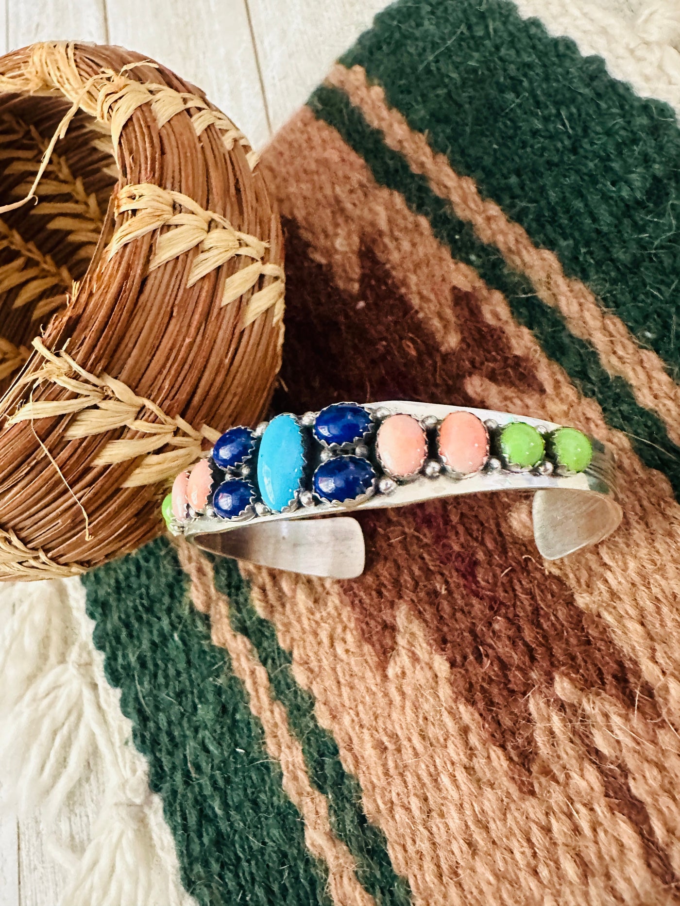 Handcrafted Old Pawn Multi Stone & Sterling Silver Cuff Bracelet by Daniel Mike