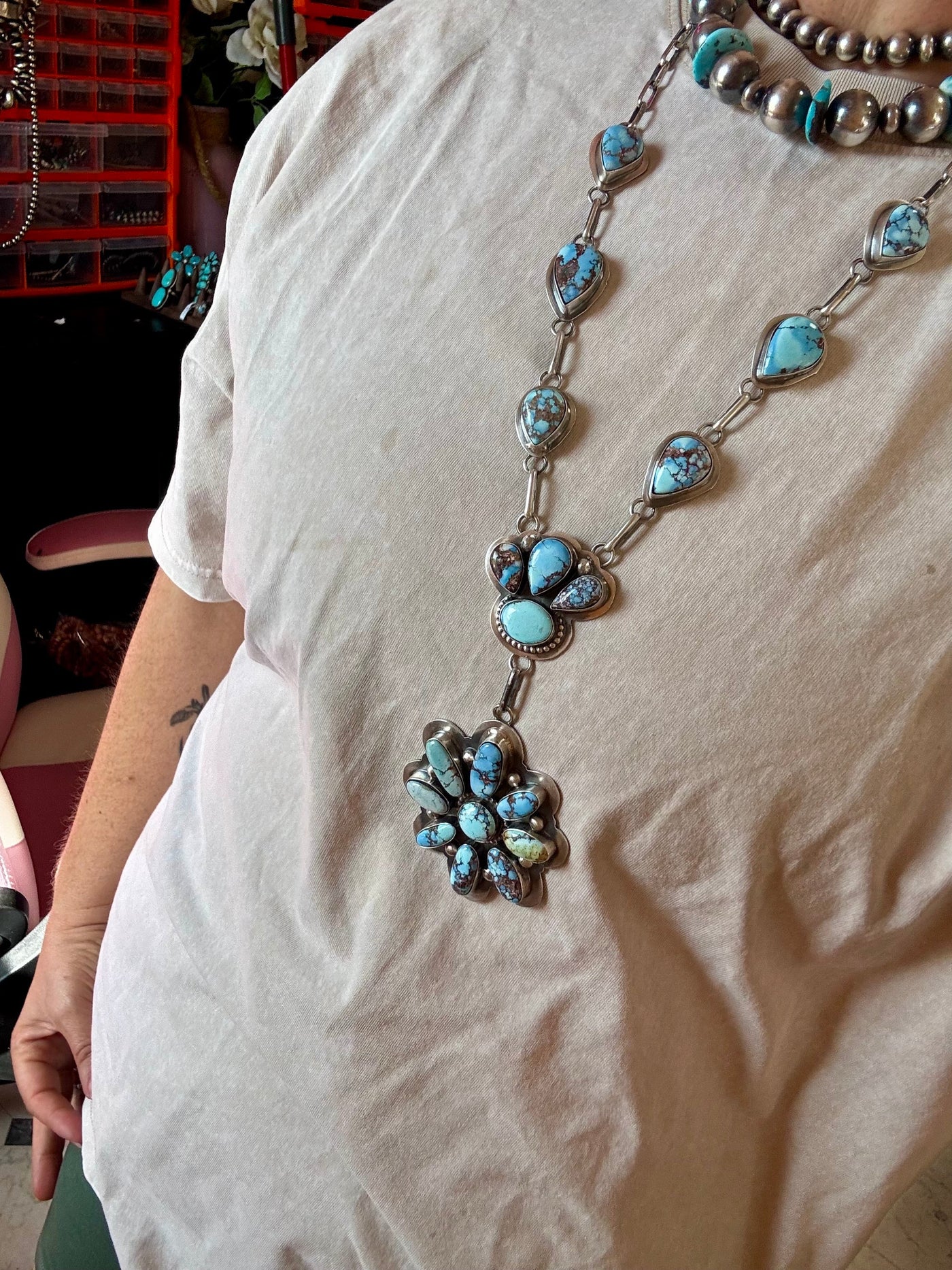 Massive Lariat Necklace – Golden Hill Turquoise – 28 Inch Sterling Silver Chain – 5.5 Inch Drop – Native Made by Delbert Santos