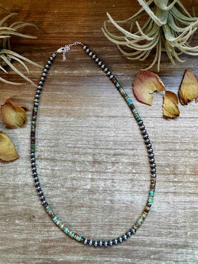 Sterling Silver Pearl & Green Heishi Turquoise Necklace – 19"