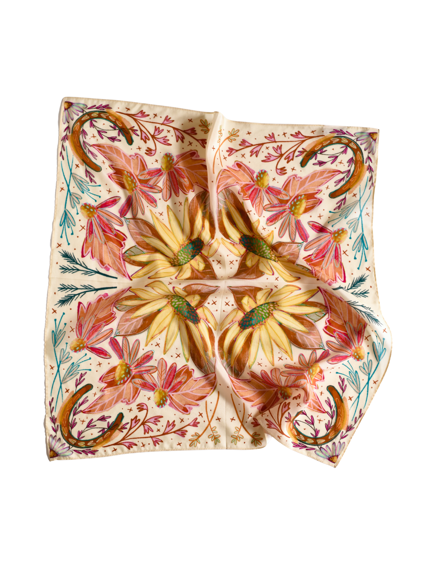 Large 100% Mulberry Silk 35x35: Lucky Wildflowers Cowgirl Western Scarf Wild Rag