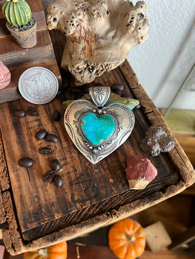 Hand Stamped Sterling Silver & Sonoran Mountain Turquoise Heart Pendant by Bernyse Chavez