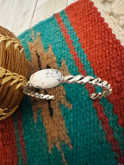 Handcrafted White Buffalo & Twisted Sterling Silver Cuff Bracelet