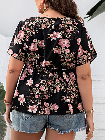 Plus Size Floral Surplice Short Sleeve Blouse