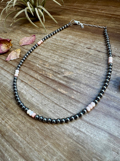 4 mm Sterling Silver Pearls choker with pink conch