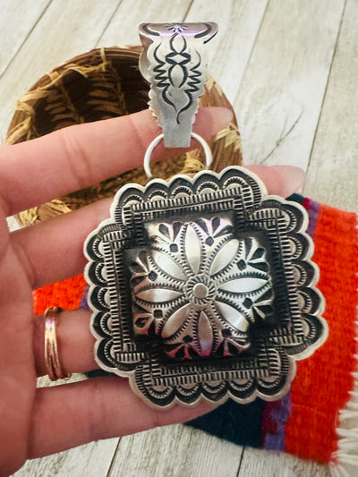 Handcrafted Sterling Silver Cross Concho Pendant by Leander Tahe