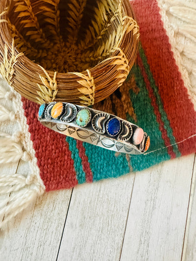Navajo Multi Stone & Sterling Silver Bangle Bracelet Signed Leroy James