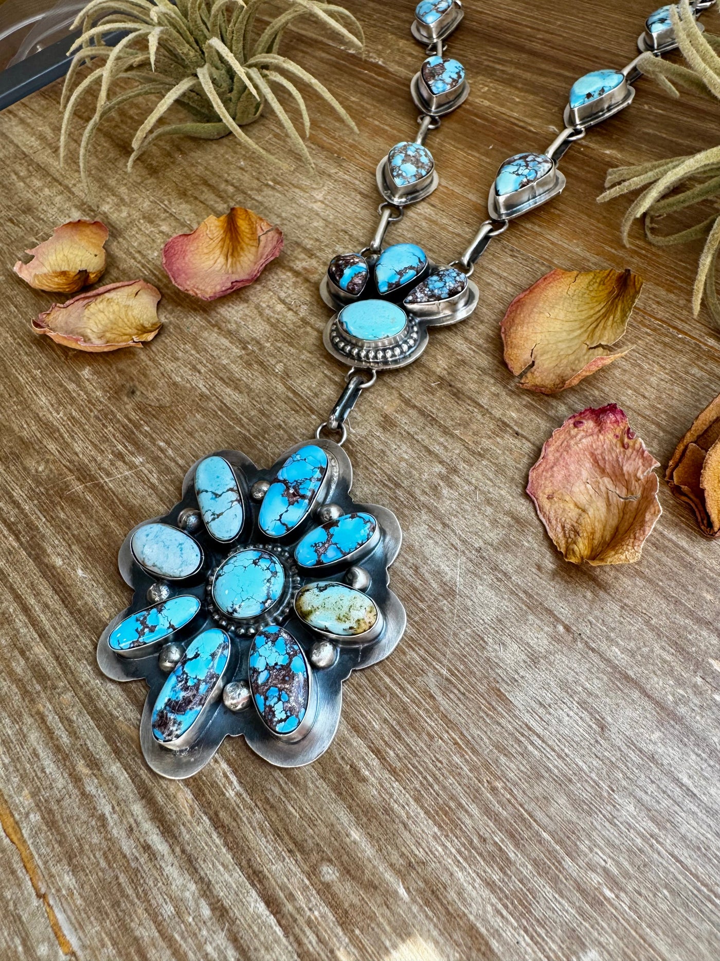 Massive Lariat Necklace – Golden Hill Turquoise – 28 Inch Sterling Silver Chain – 5.5 Inch Drop – Native Made by Delbert Santos