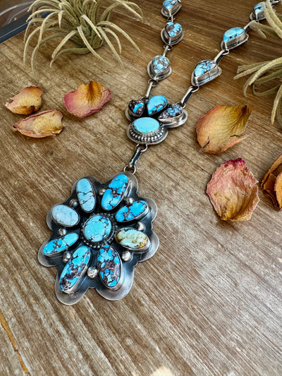 Massive Lariat Necklace – Golden Hill Turquoise – 28 Inch Sterling Silver Chain – 5.5 Inch Drop – Native Made by Delbert Santos