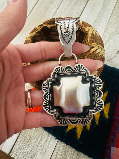 Handcrafted Sterling Silver Cross Concho Pendant by Leander Tahe