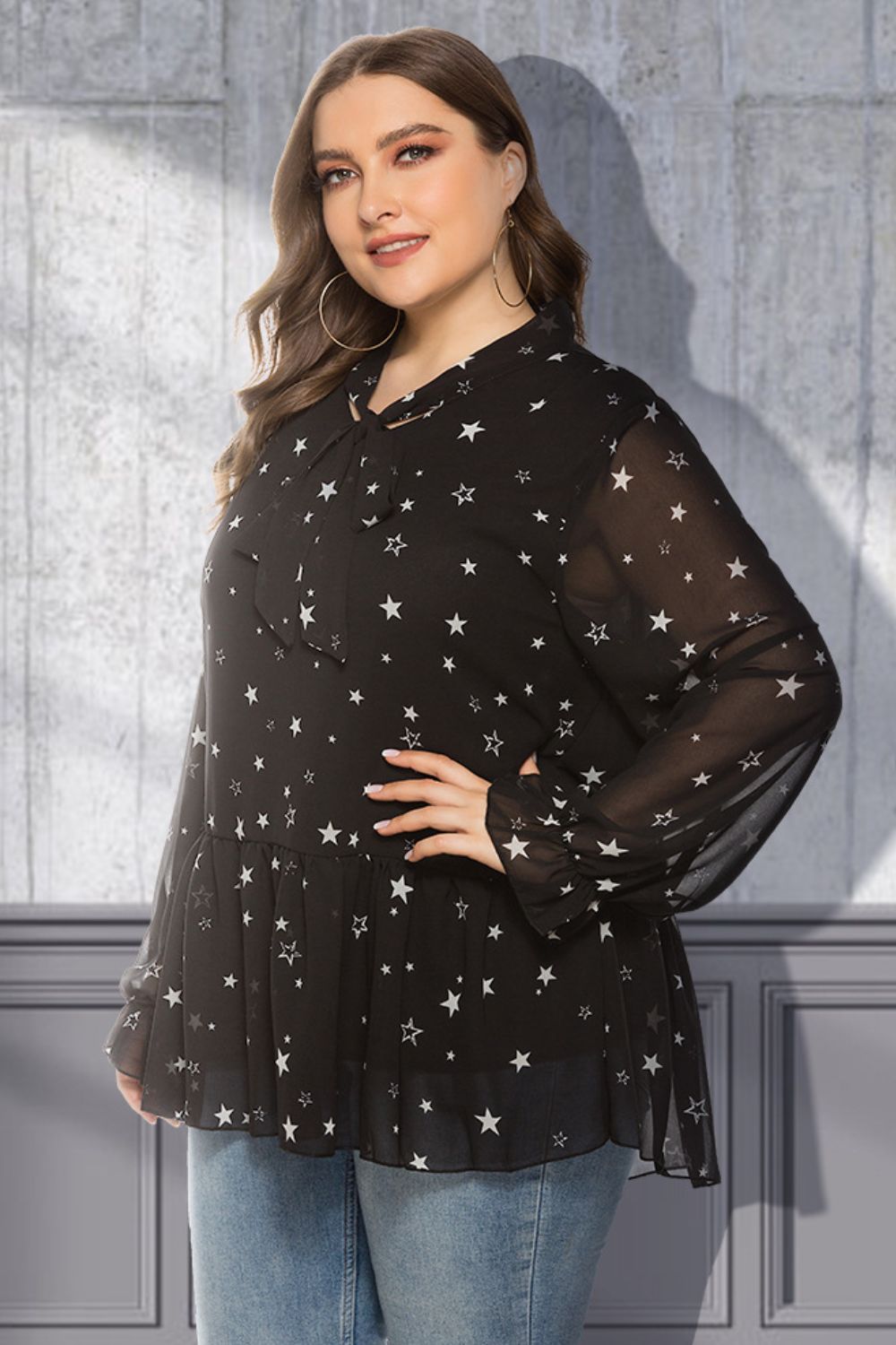 Plus Size Star Print Tie-Neck Peplum Blouse