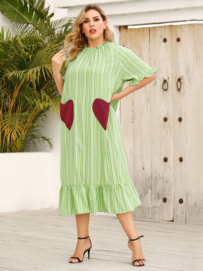 Plus Size Frill Heart Striped Half Sleeve Dress