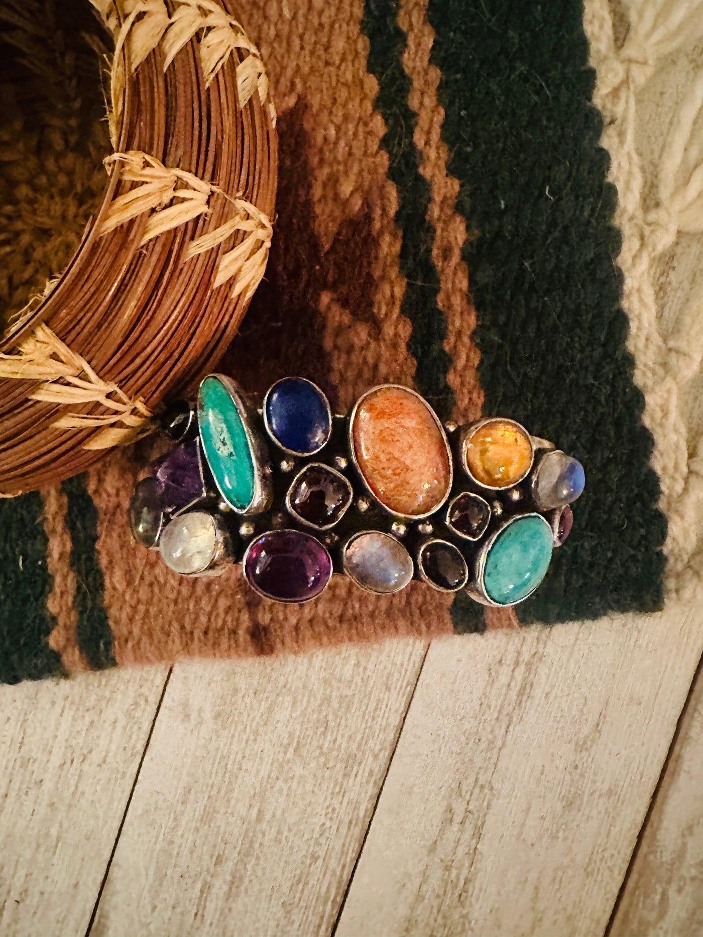 Navajo Old Pawn Vintage Multi Stone & Sterling Silver Cuff Bracelet