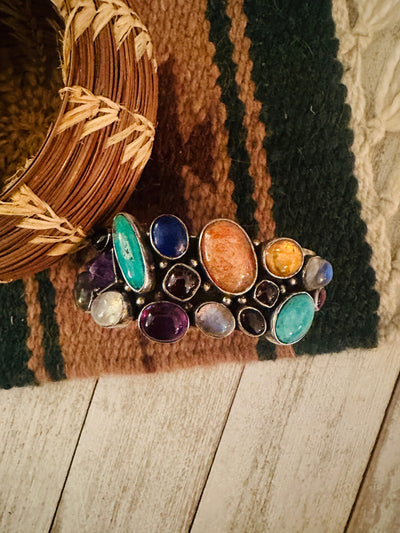 Navajo Old Pawn Vintage Multi Stone & Sterling Silver Cuff Bracelet