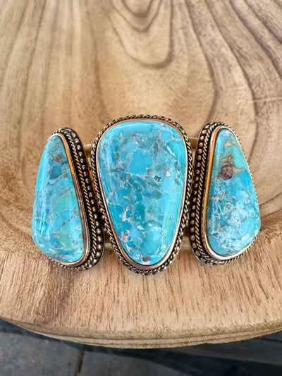 “The Golden Collection” 3 Stone Statement Cuff Handmade Natural Turquoise Gold Plated Adjustable Bracelet Cuff