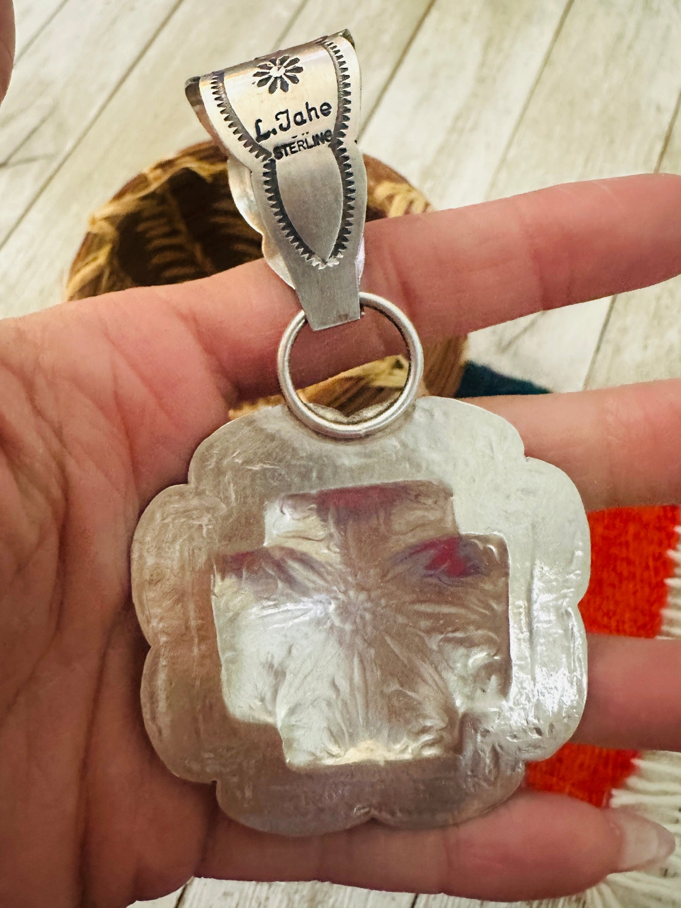 Handcrafted Sterling Silver Cross Concho Pendant by Leander Tahe