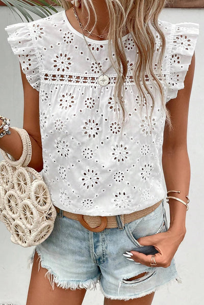 Eyelet Round Neck Cap Sleeve Blouse