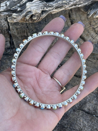 Handcrafted Multi Stone Rainbow Sterling Silver Bangle Signed
