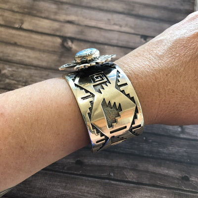 Handcrafted Sterling Silver and Golden Hills Turquoise Butterfly Cuff Bracelet, Signed RB