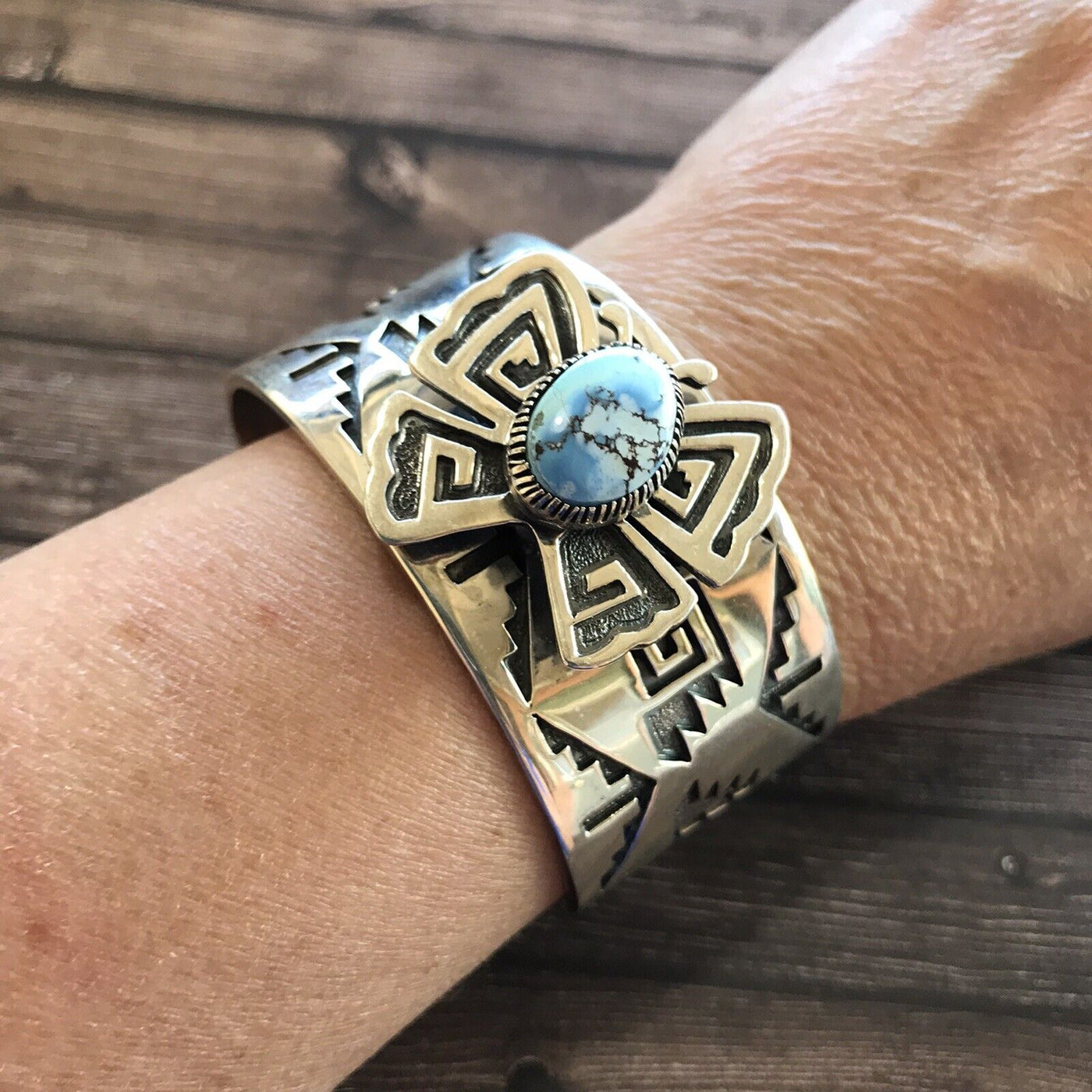 Handcrafted Sterling Silver and Golden Hills Turquoise Butterfly Cuff Bracelet, Signed RB