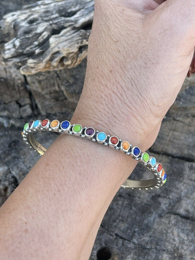 Handcrafted Multi Stone Rainbow Sterling Silver Bangle Signed